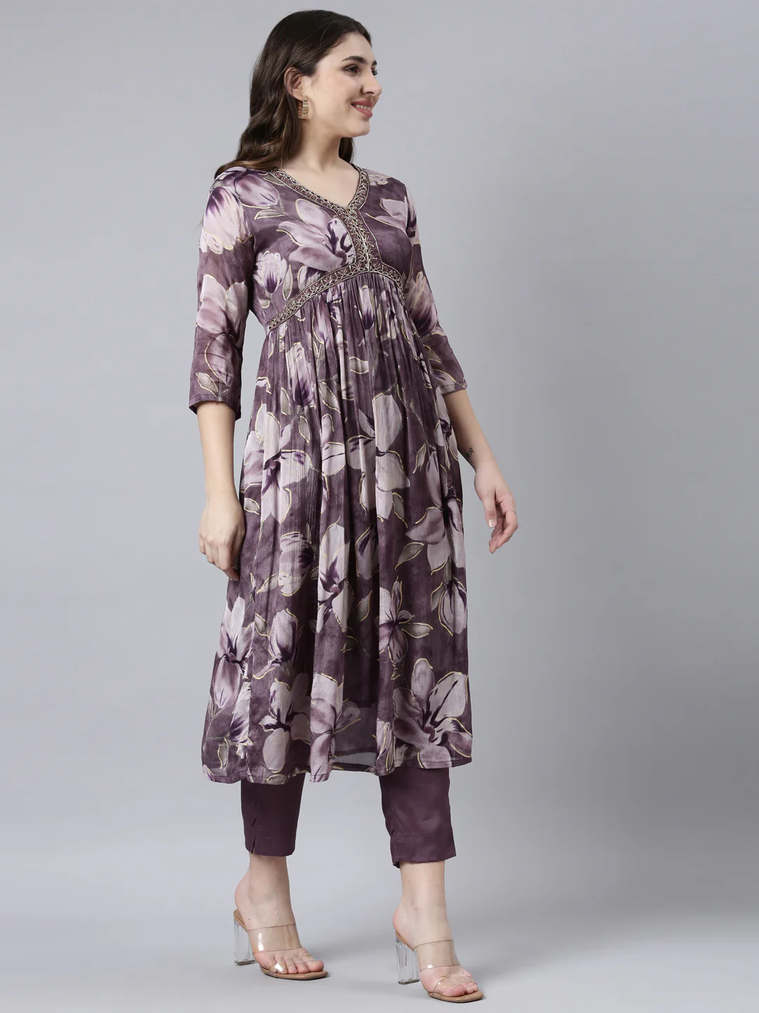 Neerus Purple Pleated Straight Floral Kurta And Trousers With Dupatta - Image 2