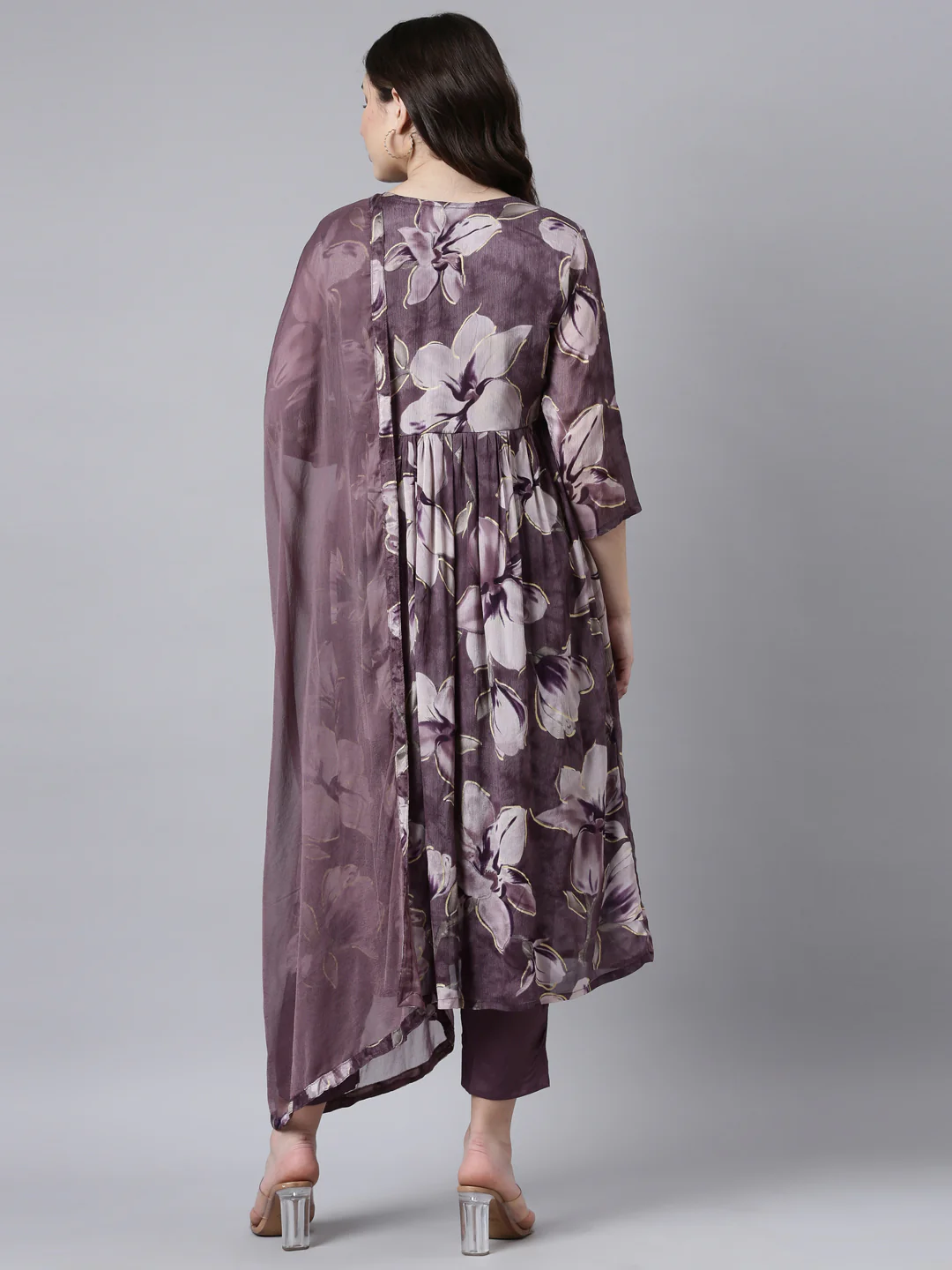 Neerus Purple Pleated Straight Floral Kurta And Trousers With Dupatta - Image 3