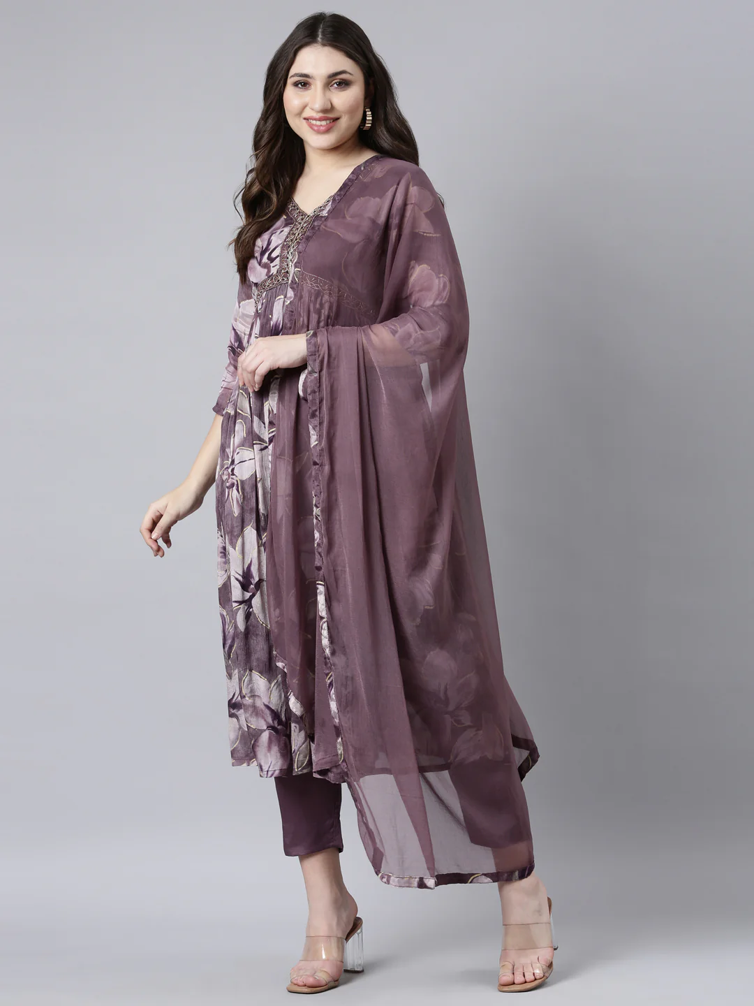 Neerus Purple Pleated Straight Floral Kurta And Trousers With Dupatta - Image 5