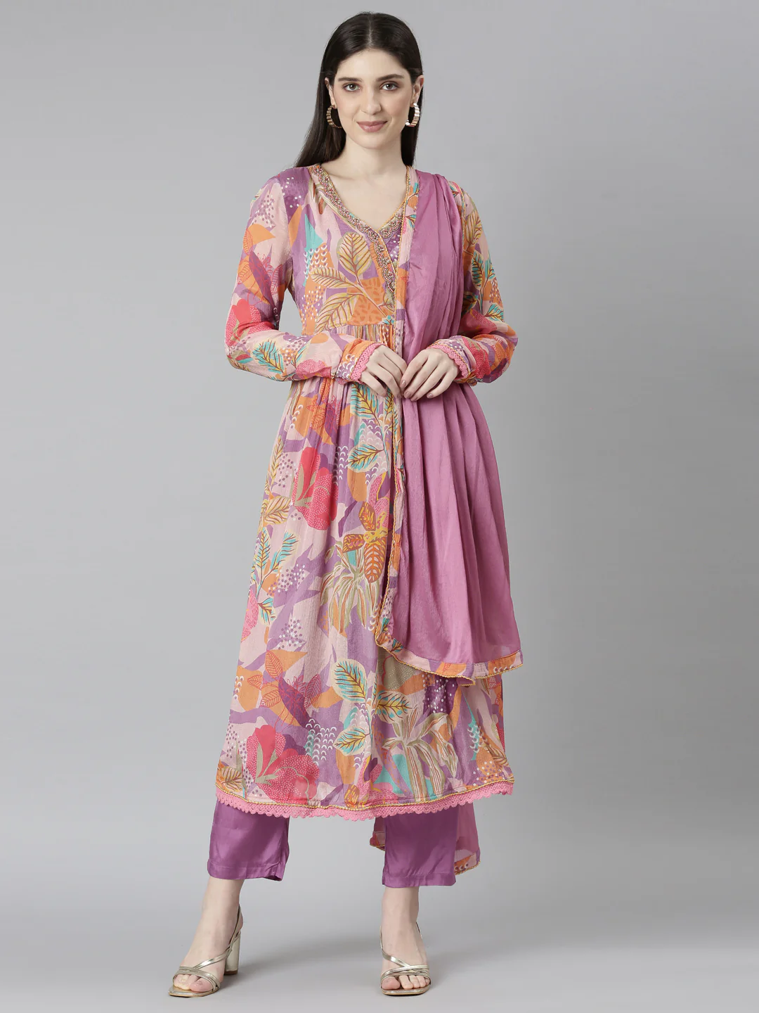 Neerus Purple Pleated Straight Floral Kurta And Trousers With Dupatta