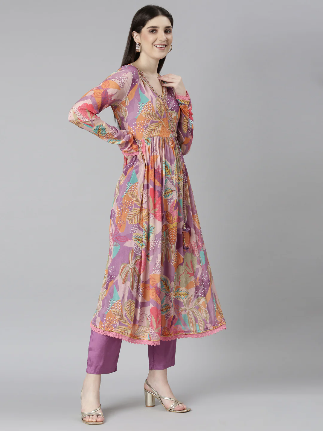 Neerus Purple Pleated Straight Floral Kurta And Trousers With Dupatta - Image 2