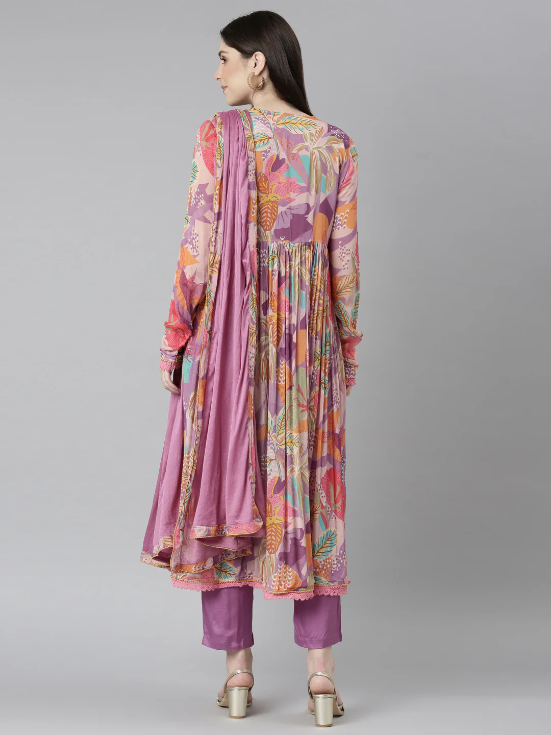 Neerus Purple Pleated Straight Floral Kurta And Trousers With Dupatta - Image 3