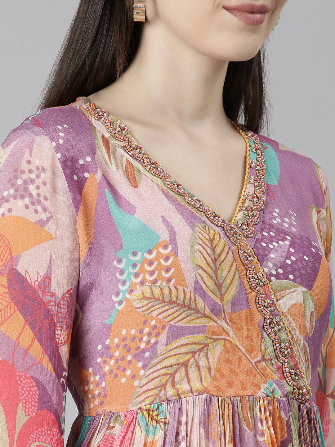 Neerus Purple Pleated Straight Floral Kurta And Trousers With Dupatta - Image 4