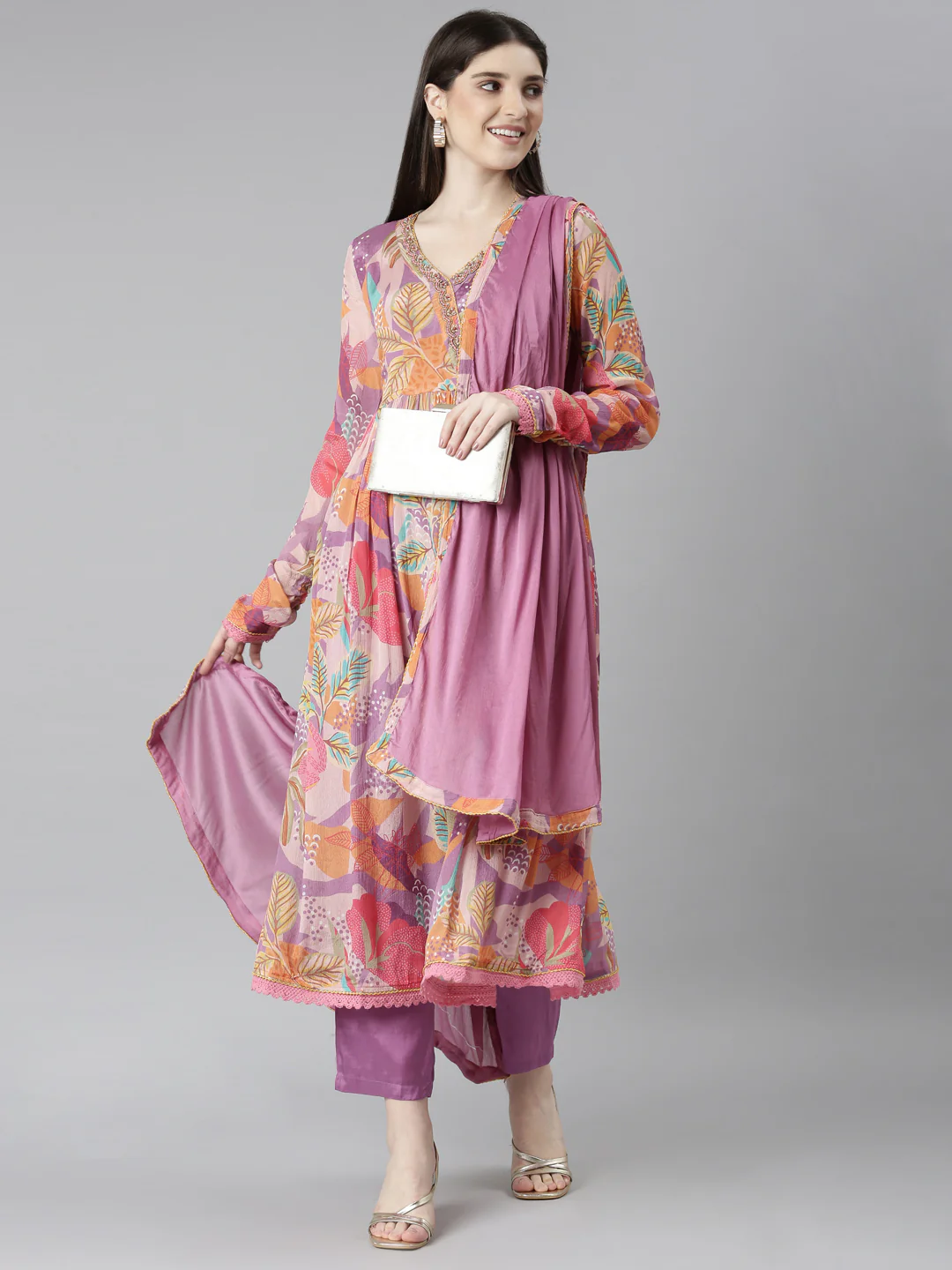 Neerus Purple Pleated Straight Floral Kurta And Trousers With Dupatta - Image 5