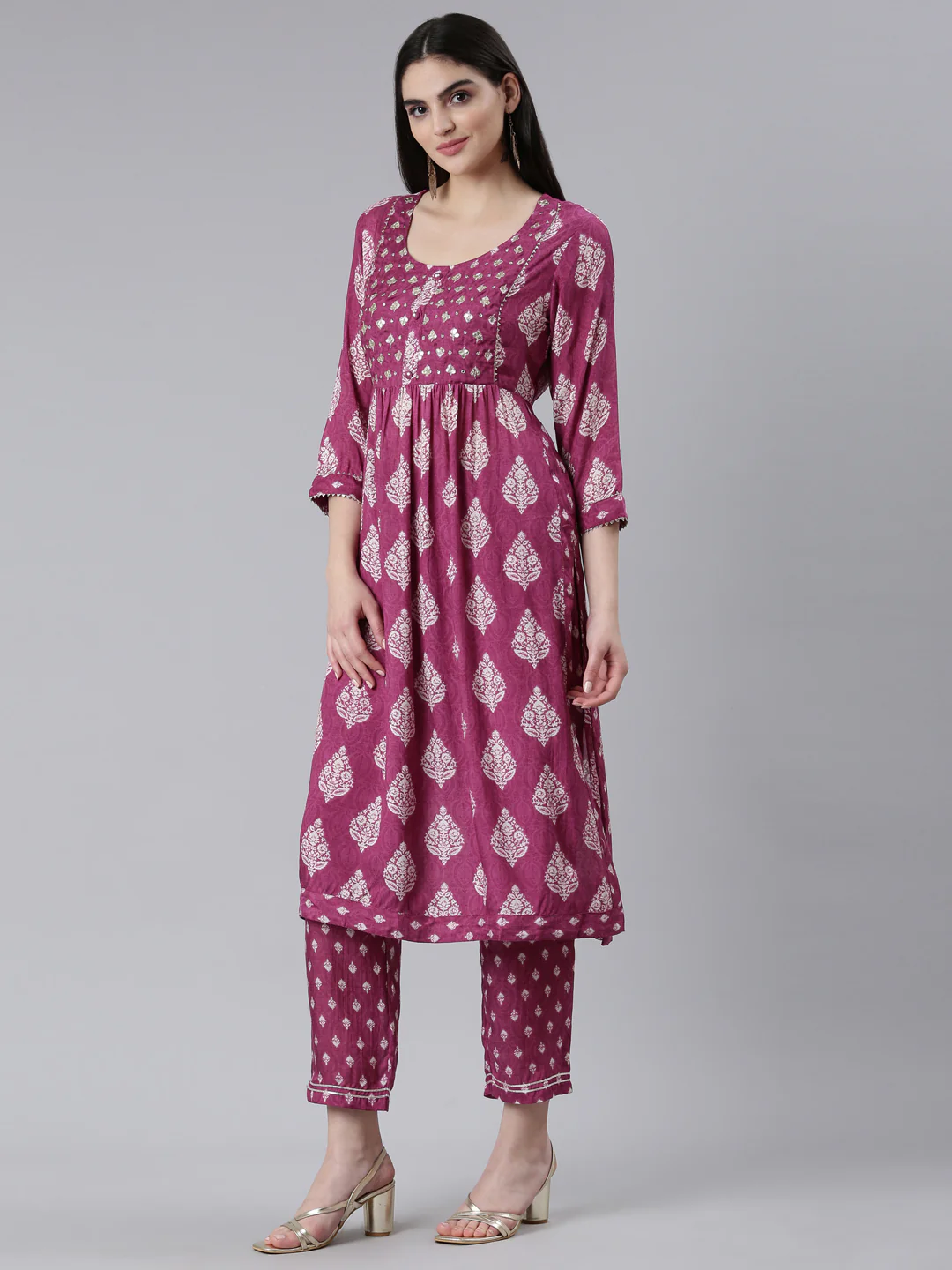 Neerus Purple Pleated Straight Printed Kurta And Trousers - Image 2