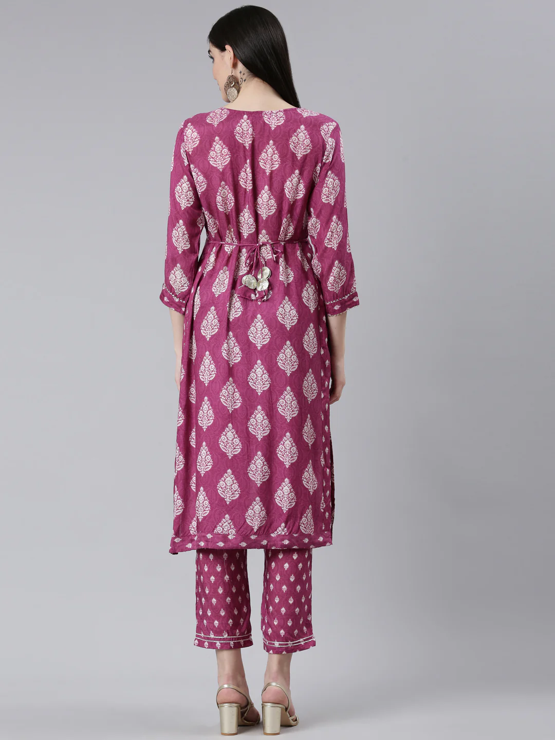Neerus Purple Pleated Straight Printed Kurta And Trousers - Image 3