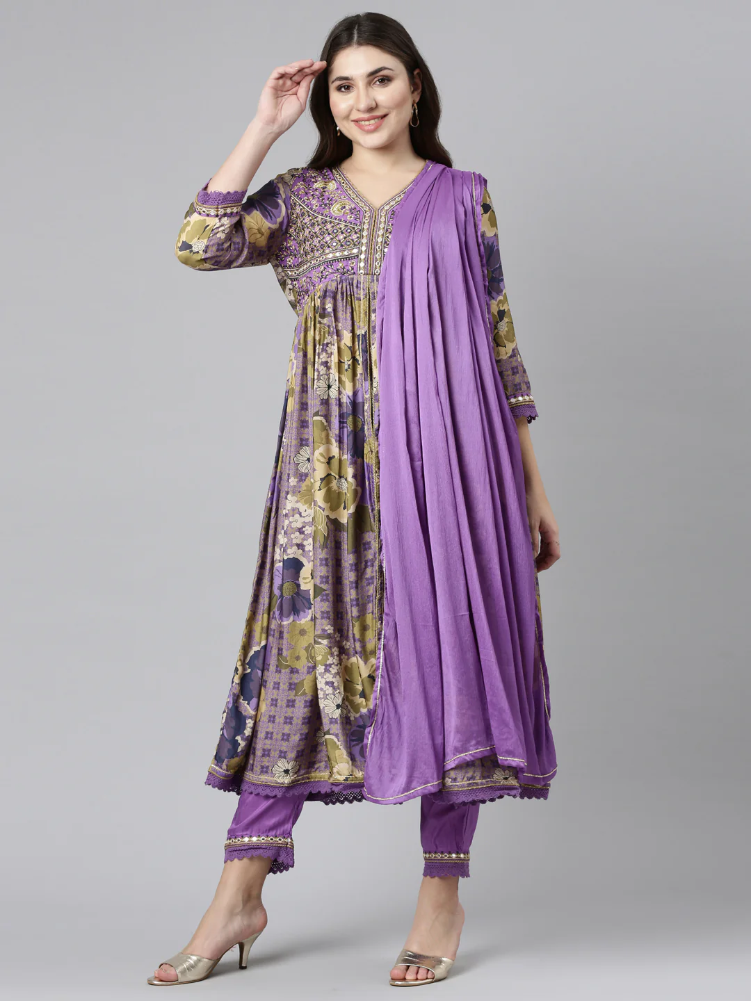Neerus Purple Pleated Straight Printed Kurta And Trousers With Dupatta