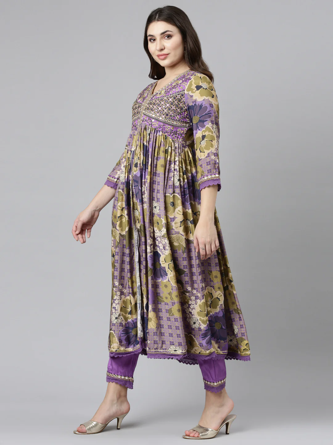 Neerus Purple Pleated Straight Printed Kurta And Trousers With Dupatta - Image 2