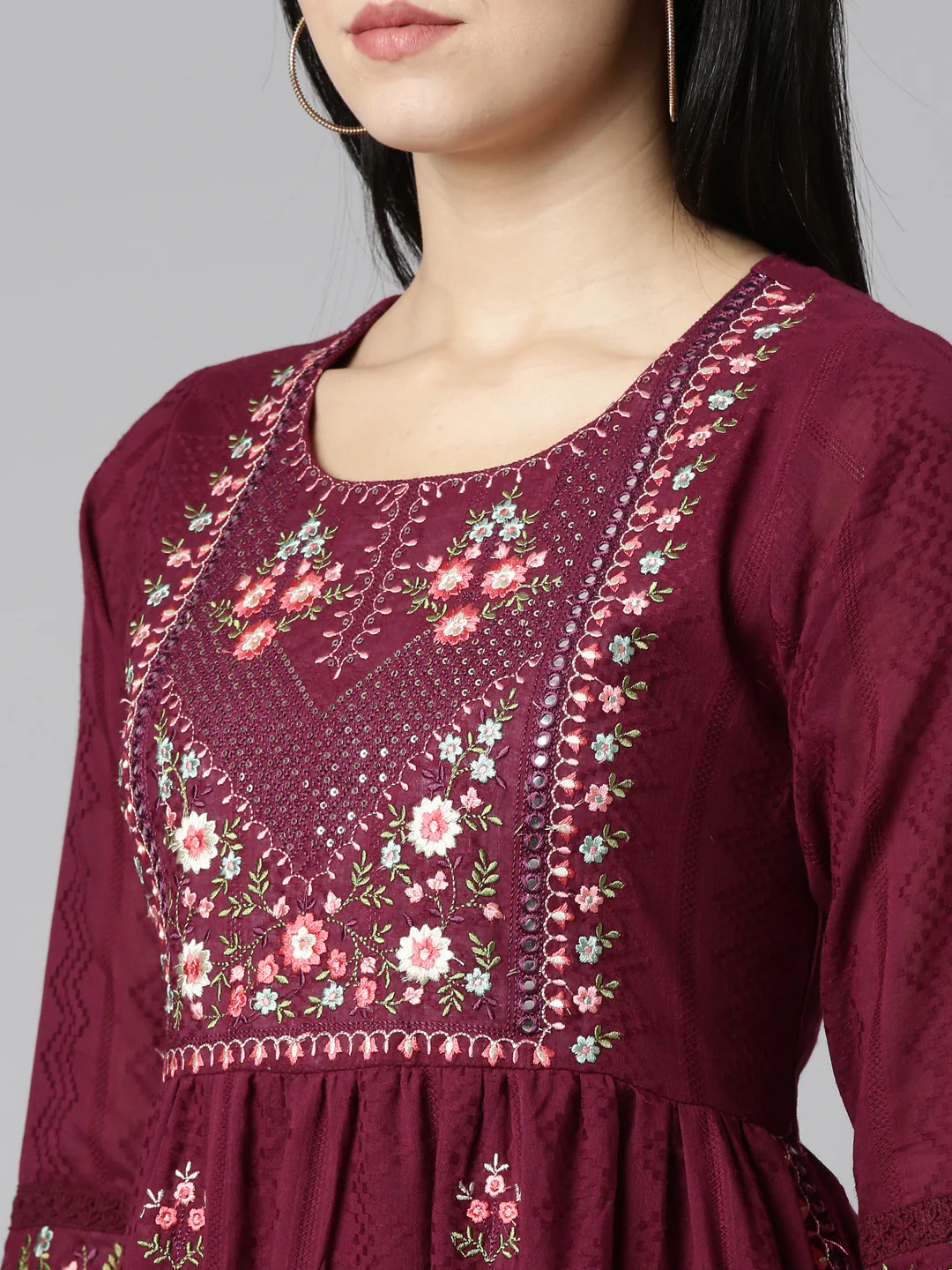 Neerus Purple Pleated Straight Printed Kurta And Trousers With Dupatta - Image 4