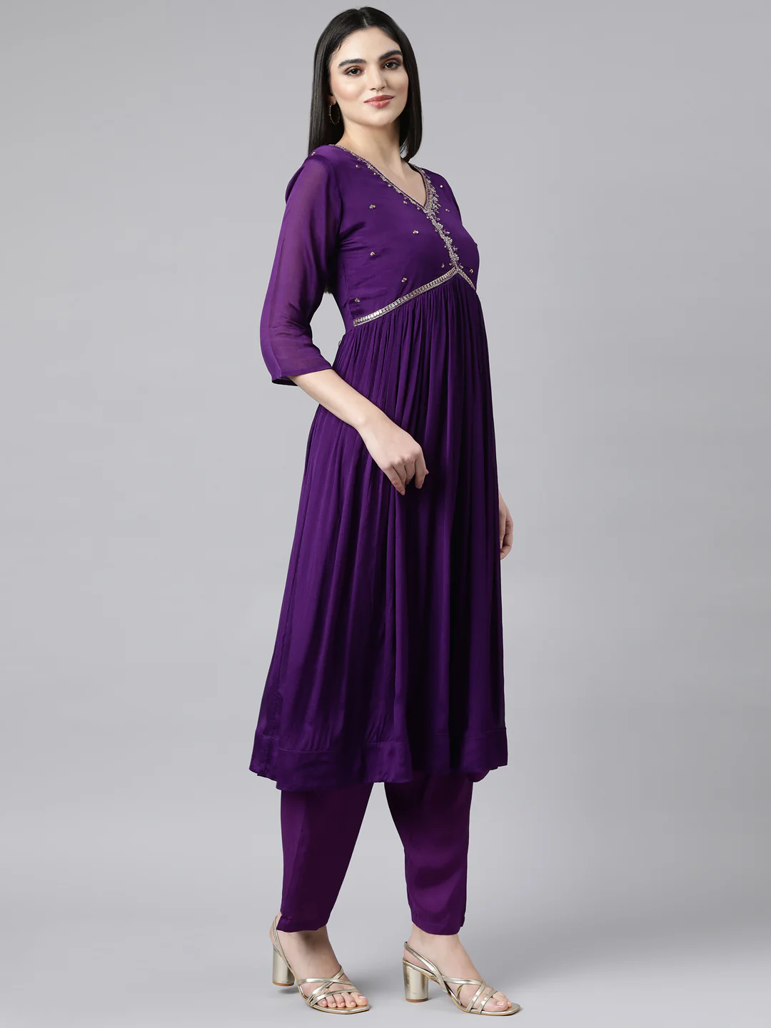 Neerus Purple Pleated Straight Solid Kurta And Trousers With Dupatta - Image 2