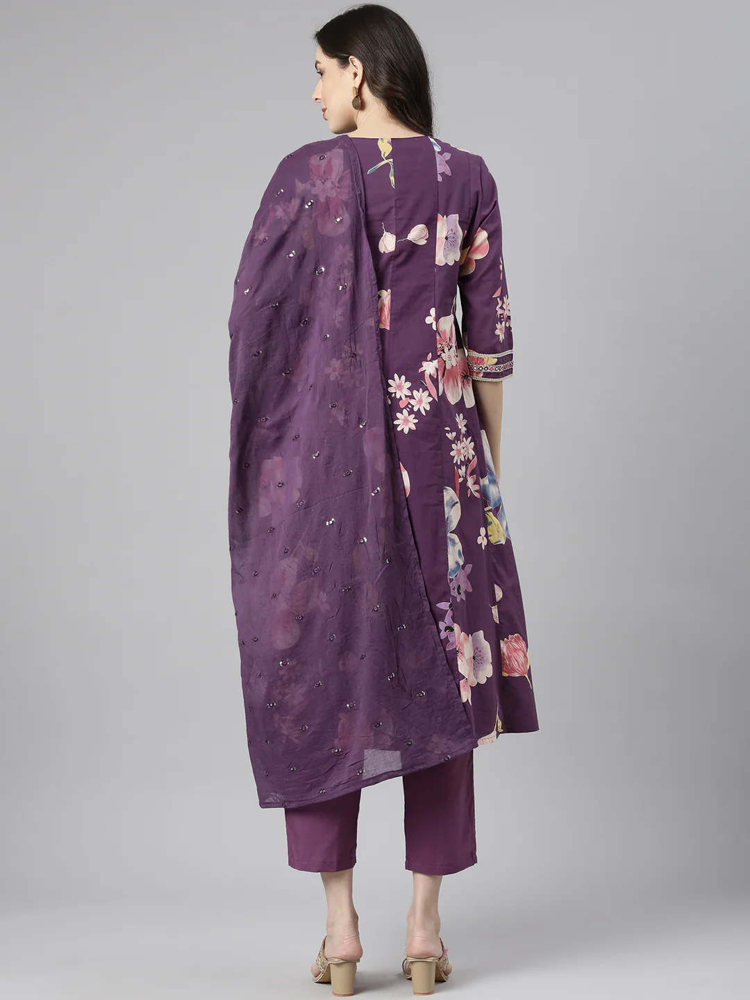 Neerus Purple Printed Anarkali Kurta and Trousers With Dupatta - Image 3