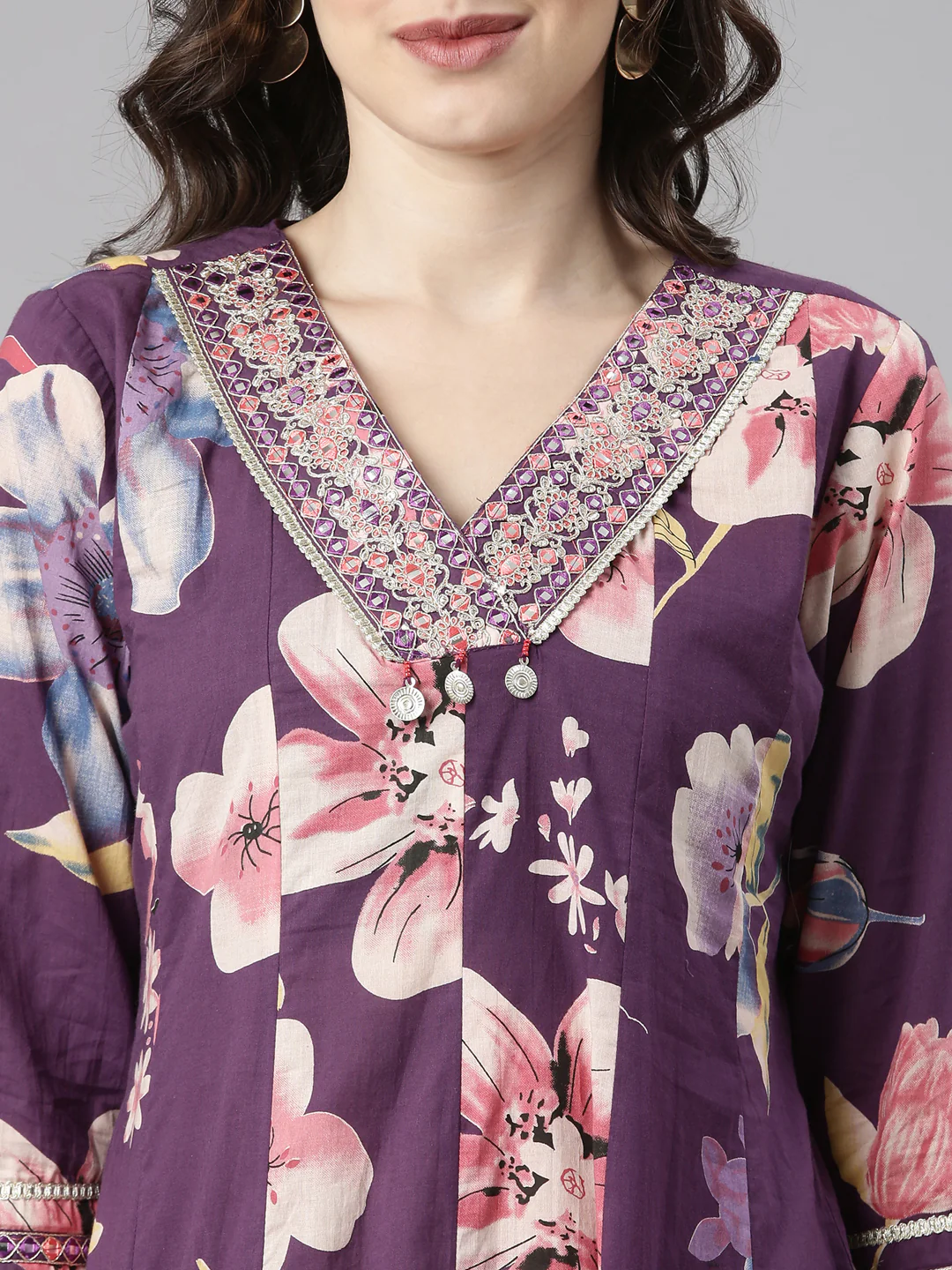 Neerus Purple Printed Anarkali Kurta and Trousers With Dupatta - Image 4
