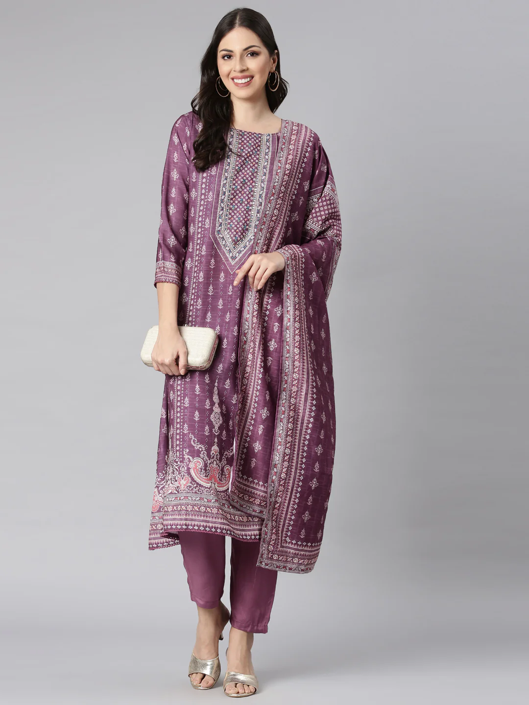 Neerus Purple Printed Kaftan Kurta and Trousers With Dupatta - Image 4