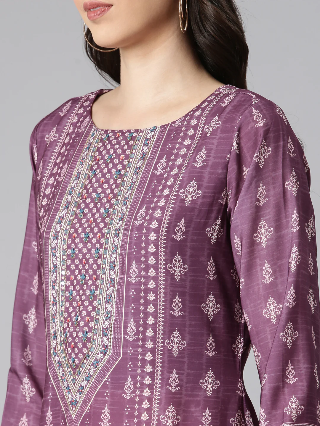 Neerus Purple Printed Kaftan Kurta and Trousers With Dupatta - Image 5