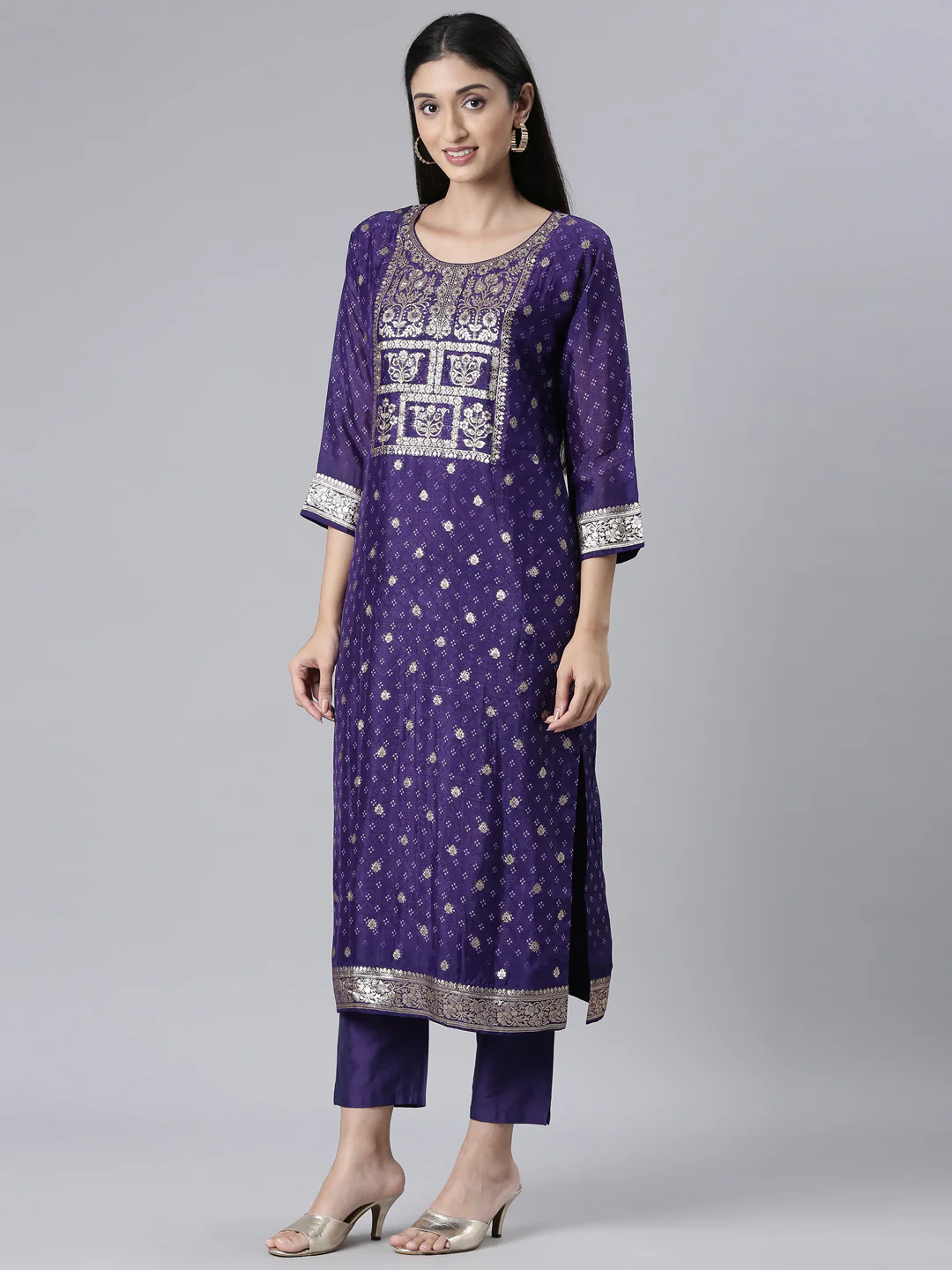 Neerus Purple Printed Straight Kurta and Trousers With Dupatta - Image 2