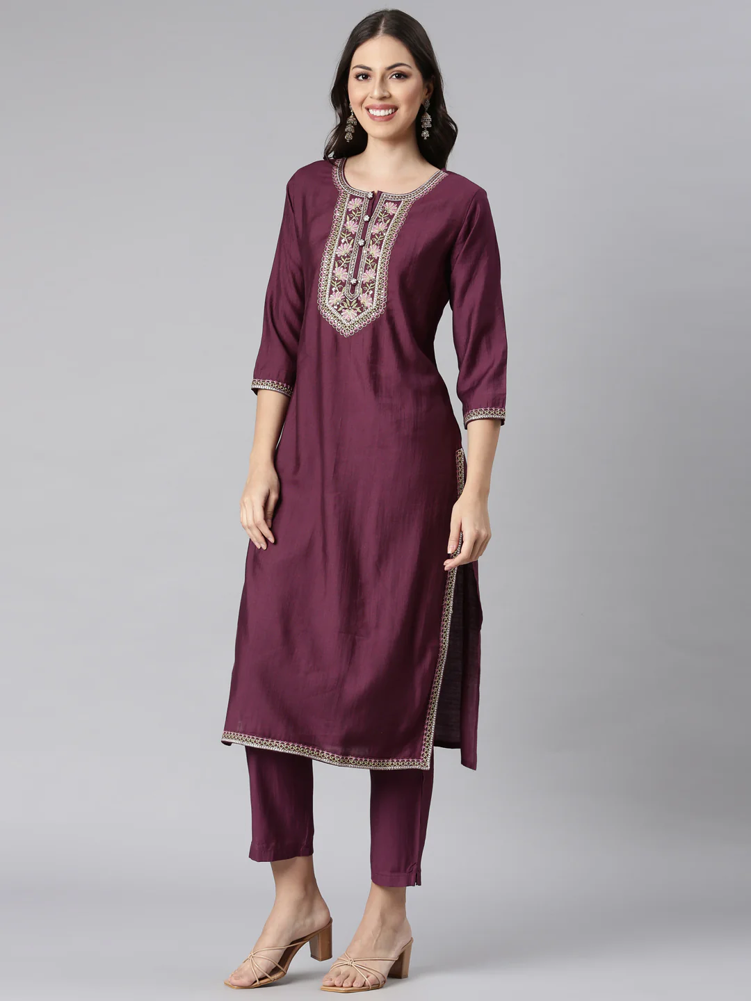 Neerus Purple Printed Straight Kurta and Trousers With Dupatta - Image 2