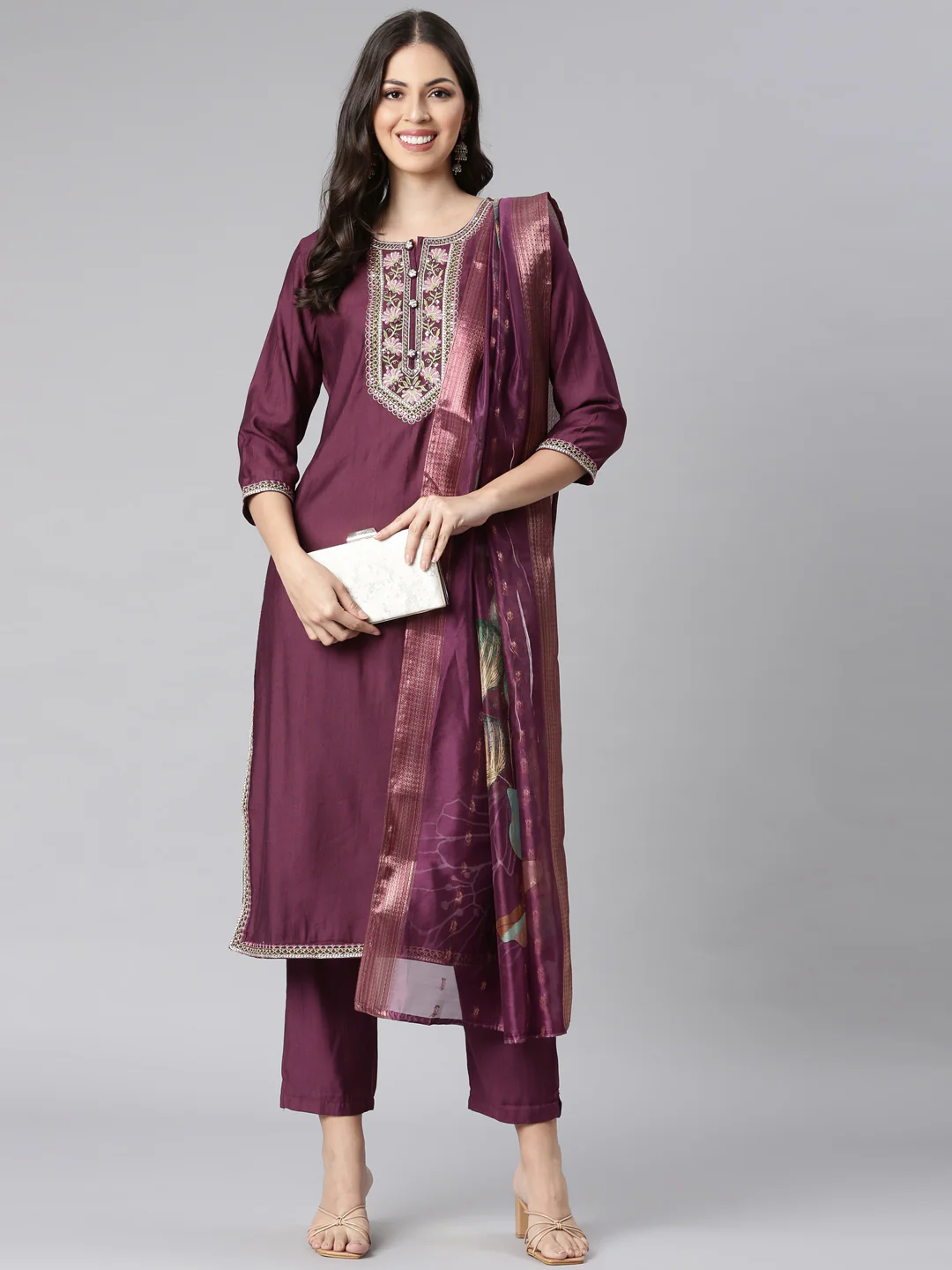 Neerus Purple Printed Straight Kurta and Trousers With Dupatta - Image 5