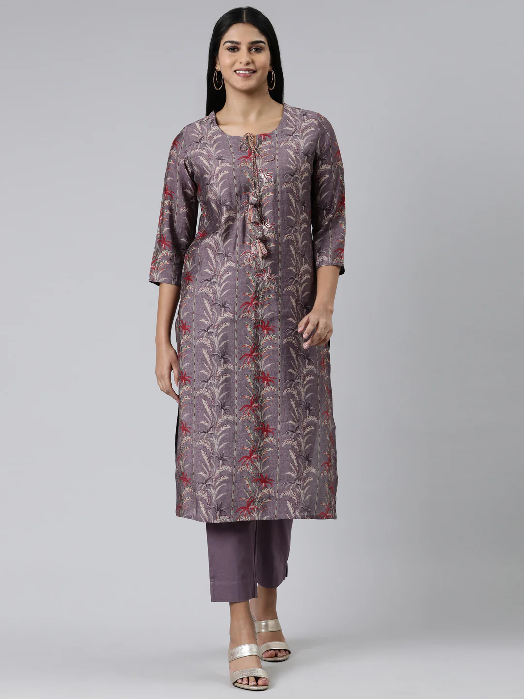 Neerus Purple Regular Calf Length Printed Kurta Solid Trousers