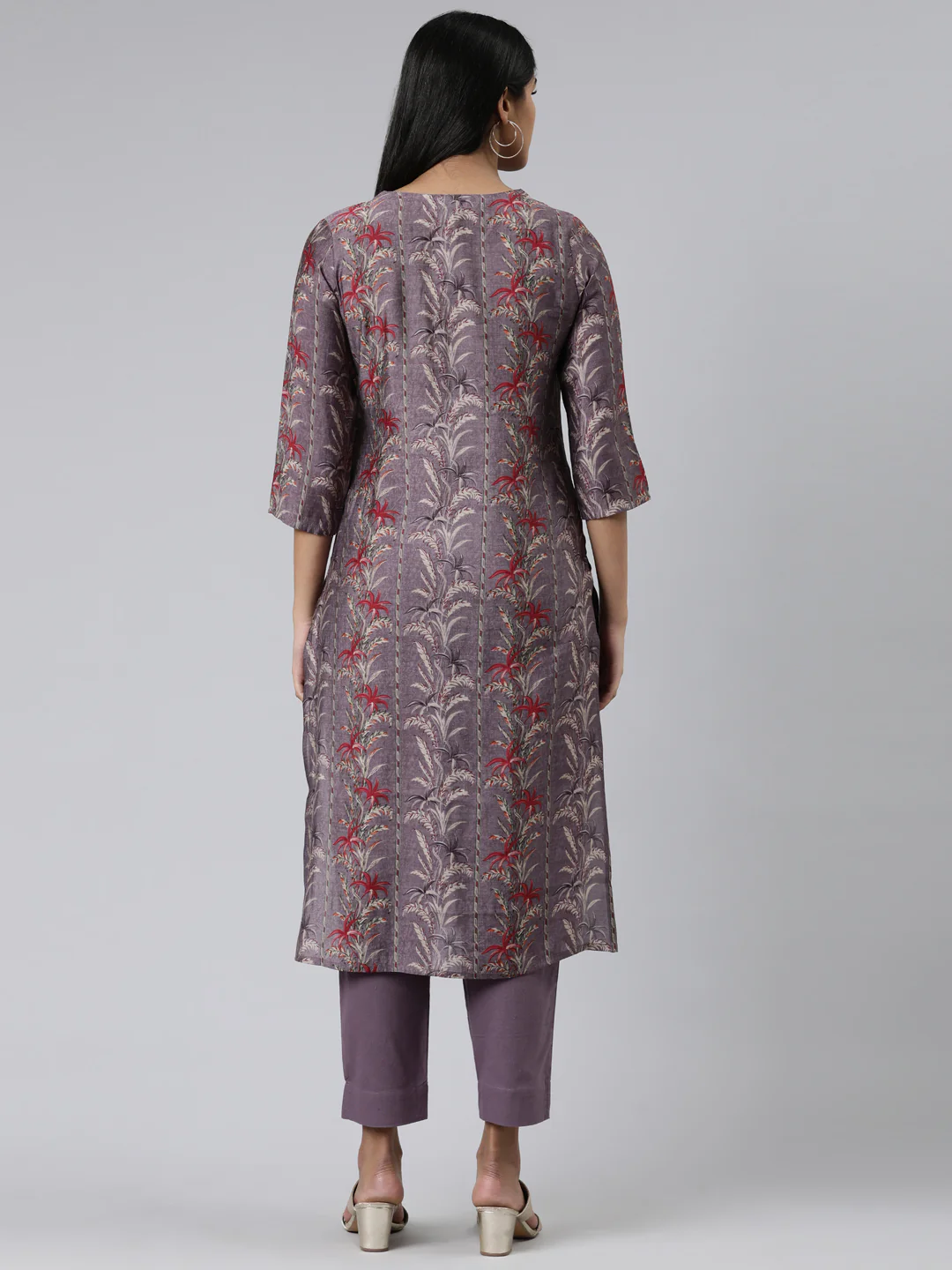Neerus Purple Regular Calf Length Printed Kurta Solid Trousers - Image 3