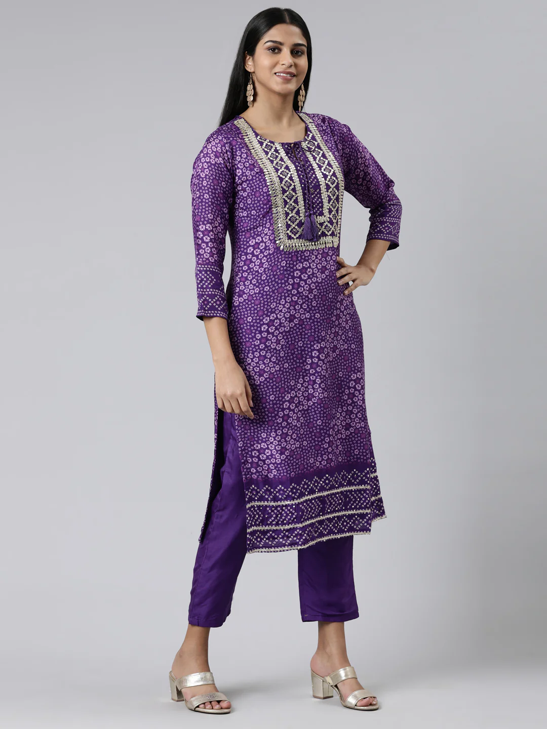 Neerus Purple Regular Calf Length Printed Kurta Solid Trousers With Dupatta - Image 2