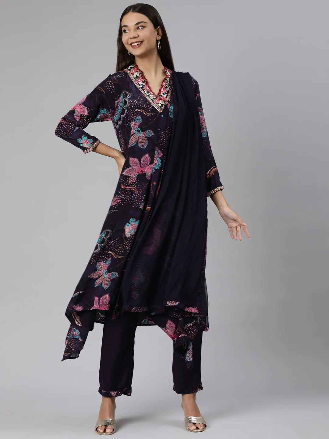 Neerus Purple Regular High-Low Floral Kurta And Trousers With Dupatta - Image 5