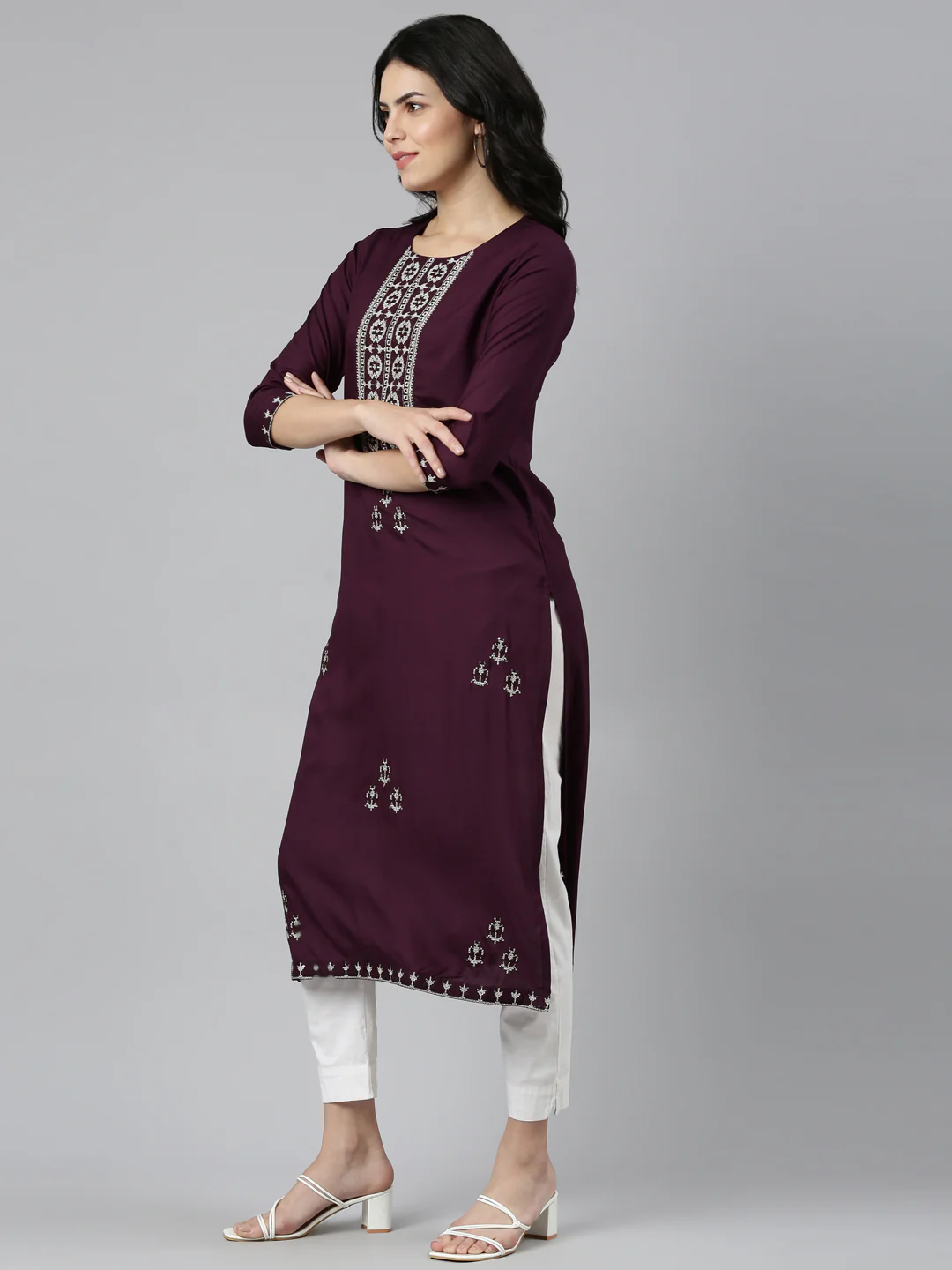Neerus Purple Regular Straight Embroidered Kurta - Image 2