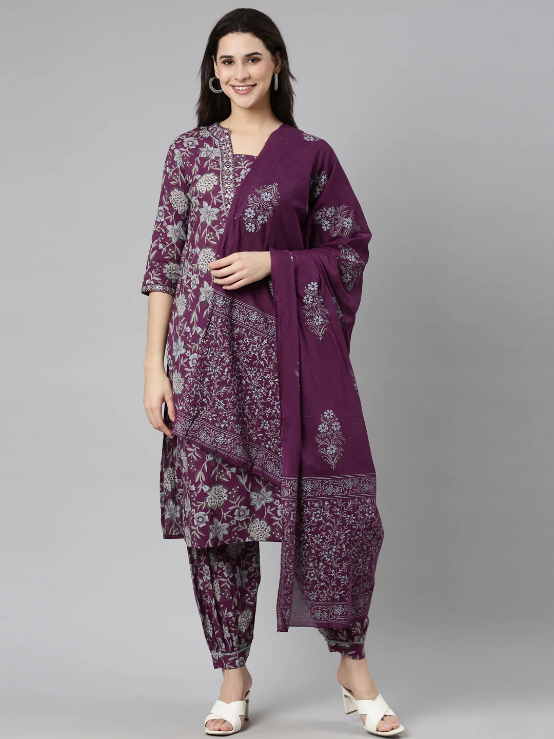 Neerus Purple Regular Straight Floral Kurta And Salwar With Dupatta