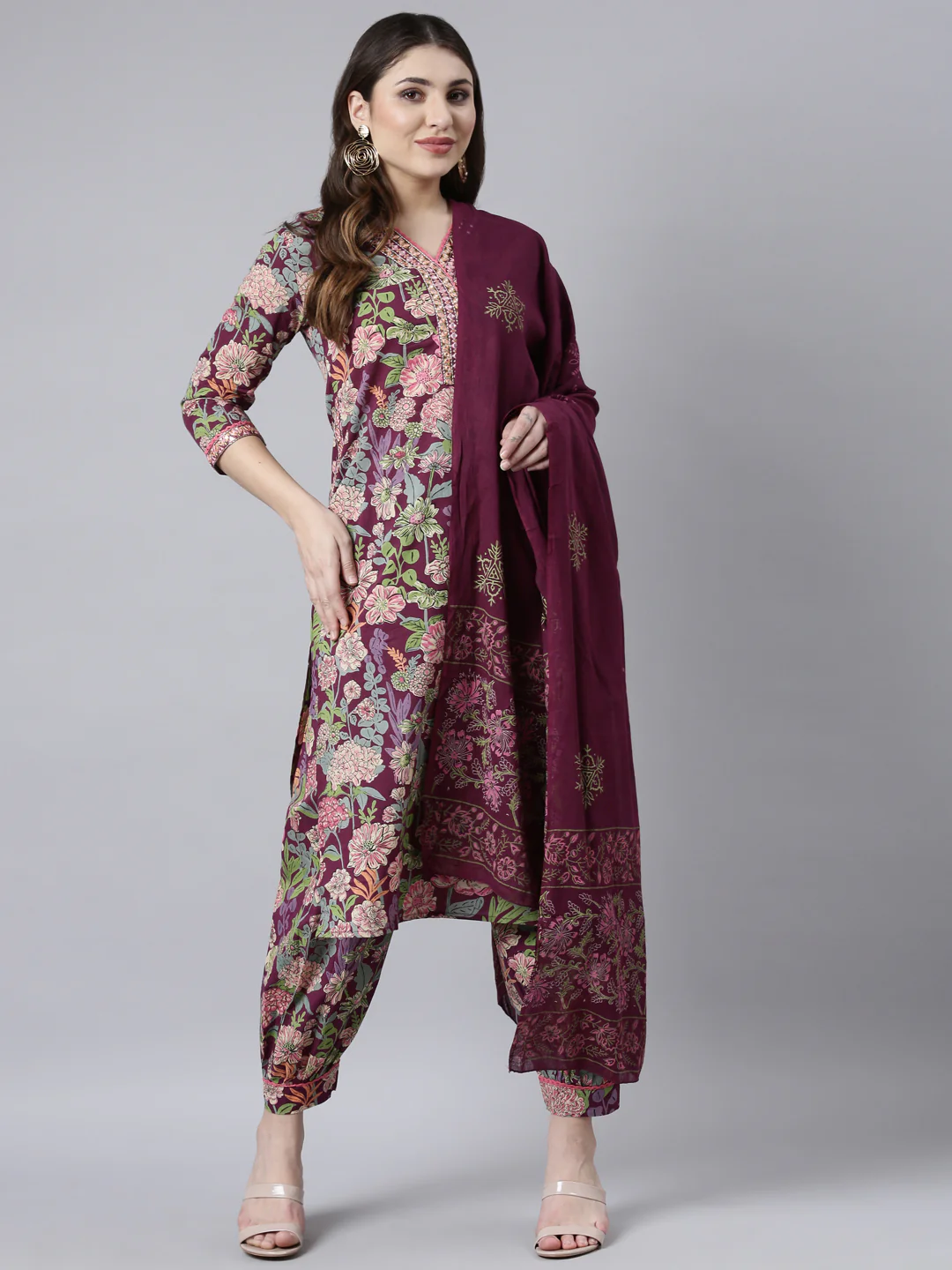 Neerus Purple Regular Straight Floral Kurta And Salwar With Dupatta - Image 5