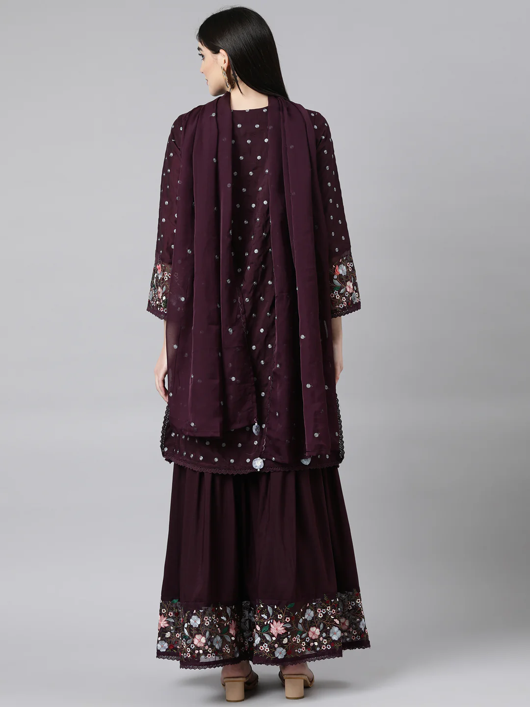 Neerus Purple Regular Straight Floral Kurta And Sharara With Dupatta - Image 3