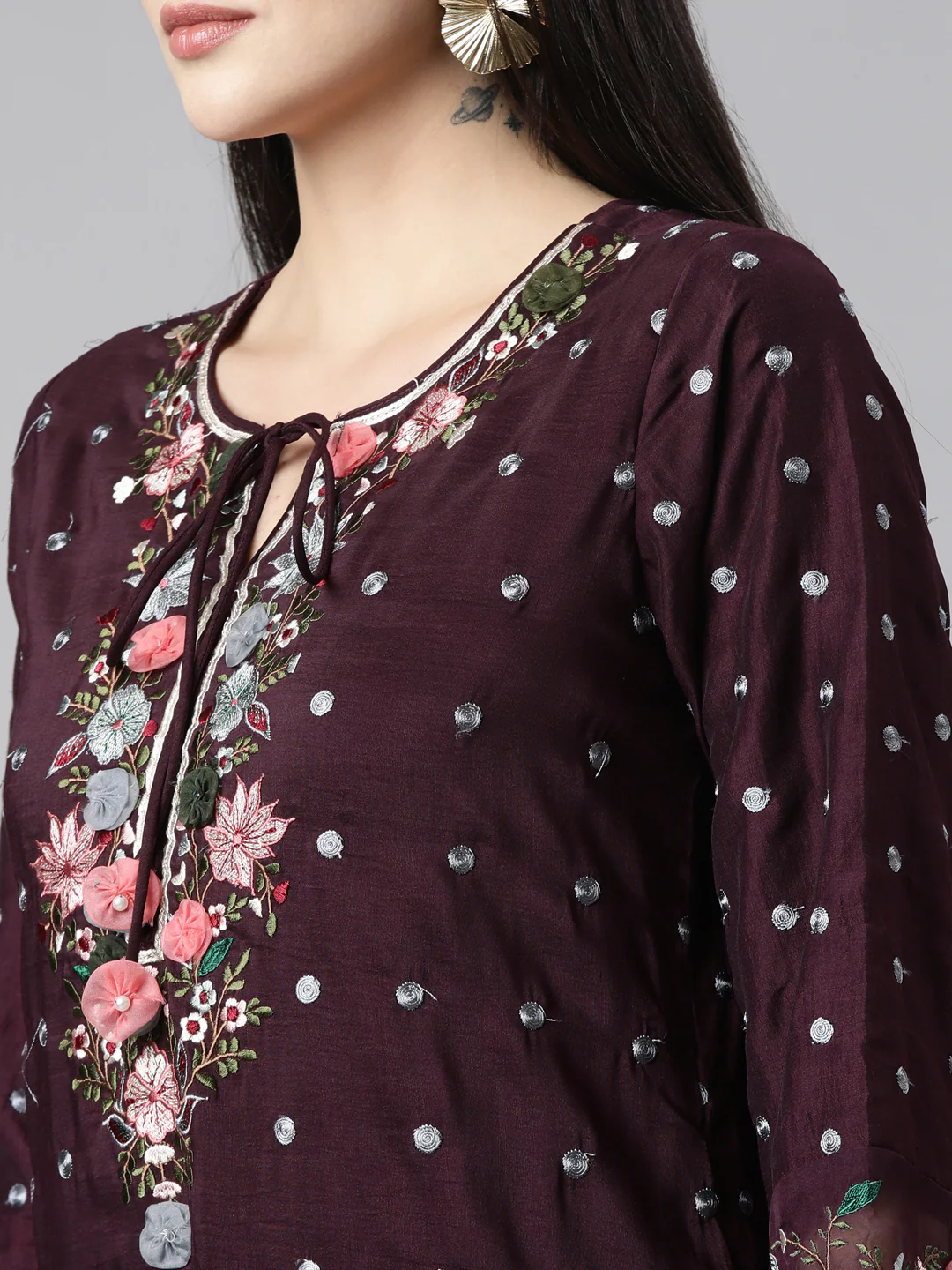 Neerus Purple Regular Straight Floral Kurta And Sharara With Dupatta - Image 4