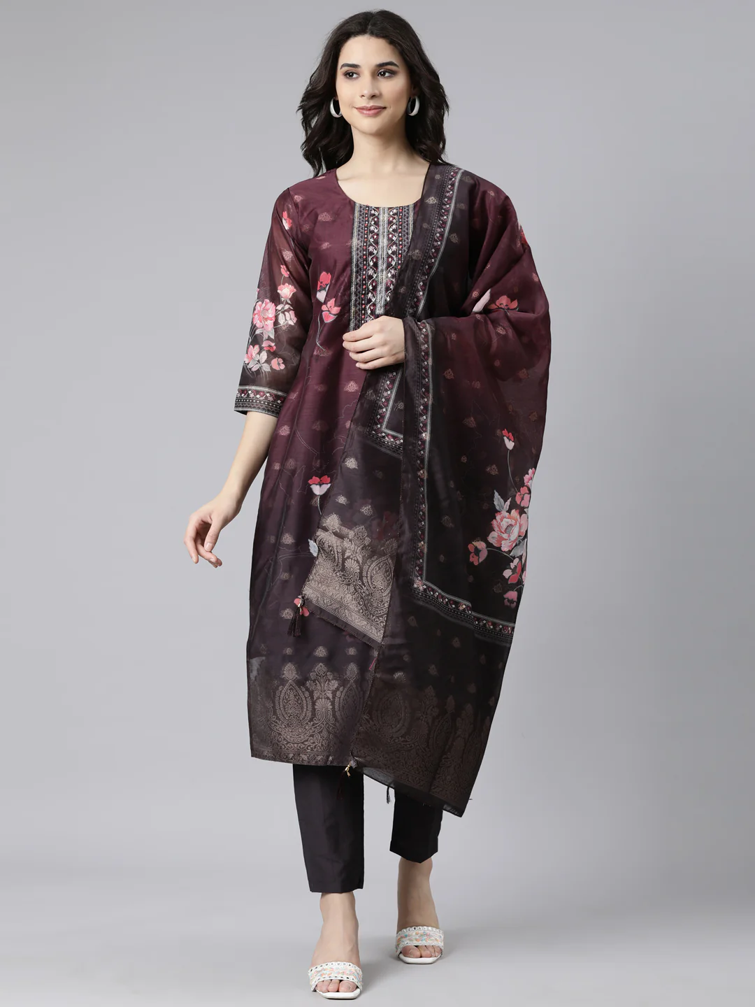 Neerus Purple Regular Straight Floral Kurta And Trousers With Dupatta