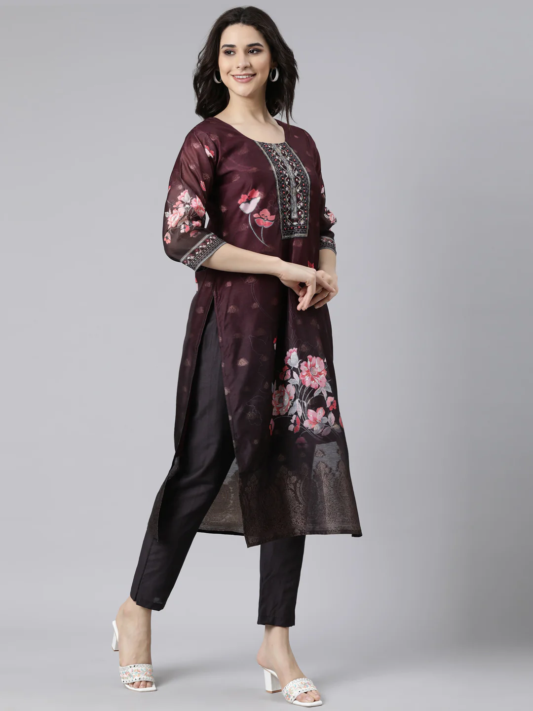 Neerus Purple Regular Straight Floral Kurta And Trousers With Dupatta - Image 2