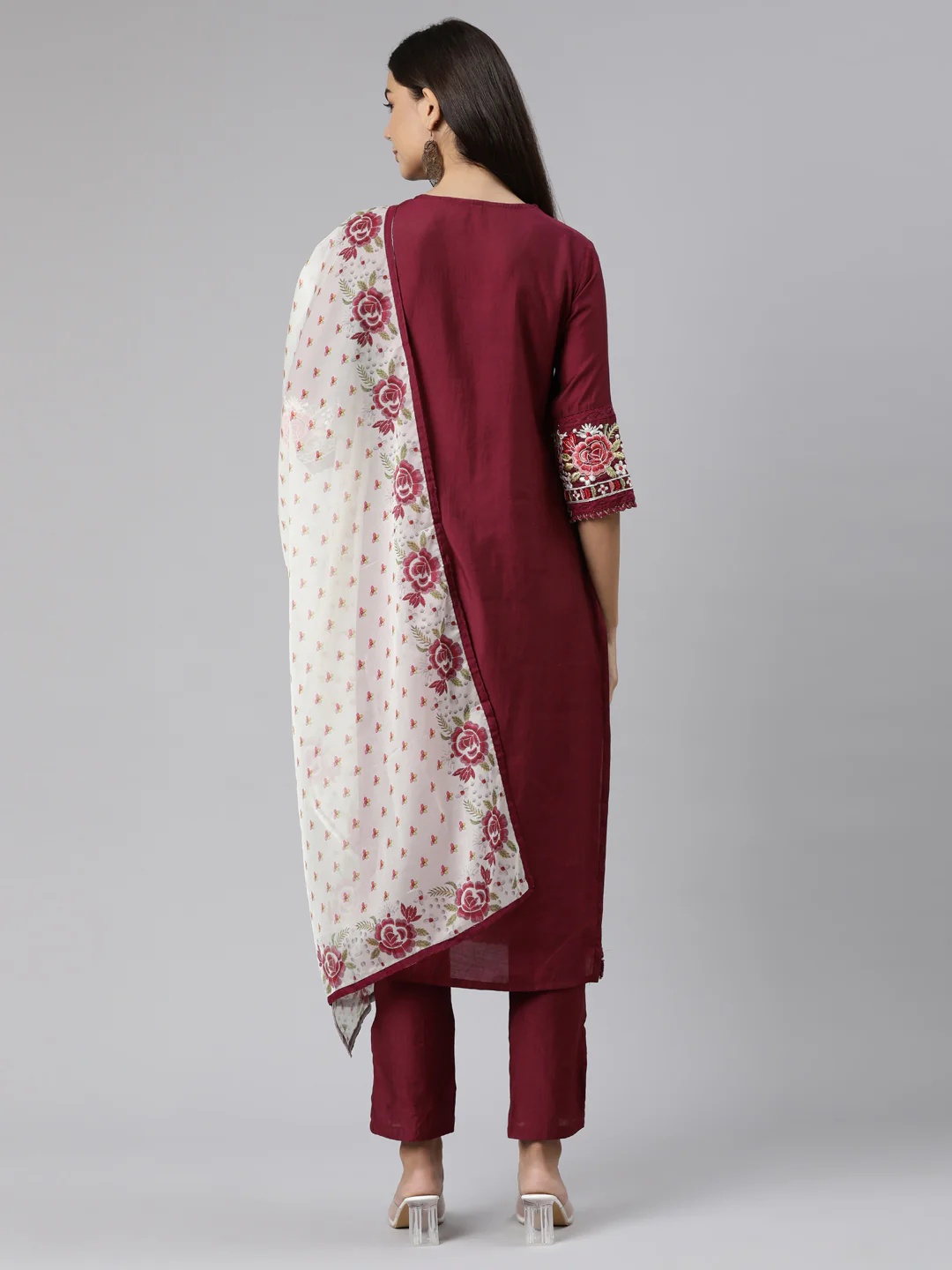 Neerus Purple Regular Straight Floral Kurta And Trousers With Dupatta - Image 3