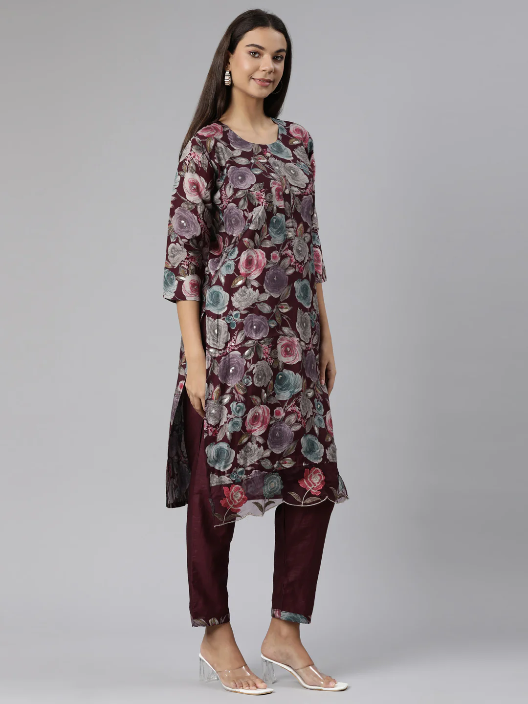 Neerus Purple Regular Straight Floral Kurta And Trousers With Dupatta - Image 2