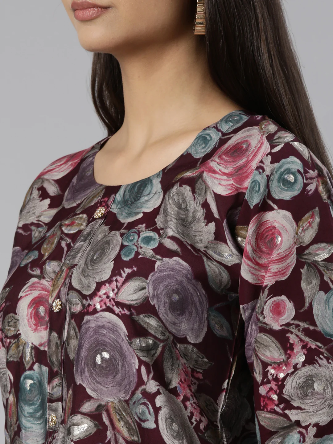 Neerus Purple Regular Straight Floral Kurta And Trousers With Dupatta - Image 4