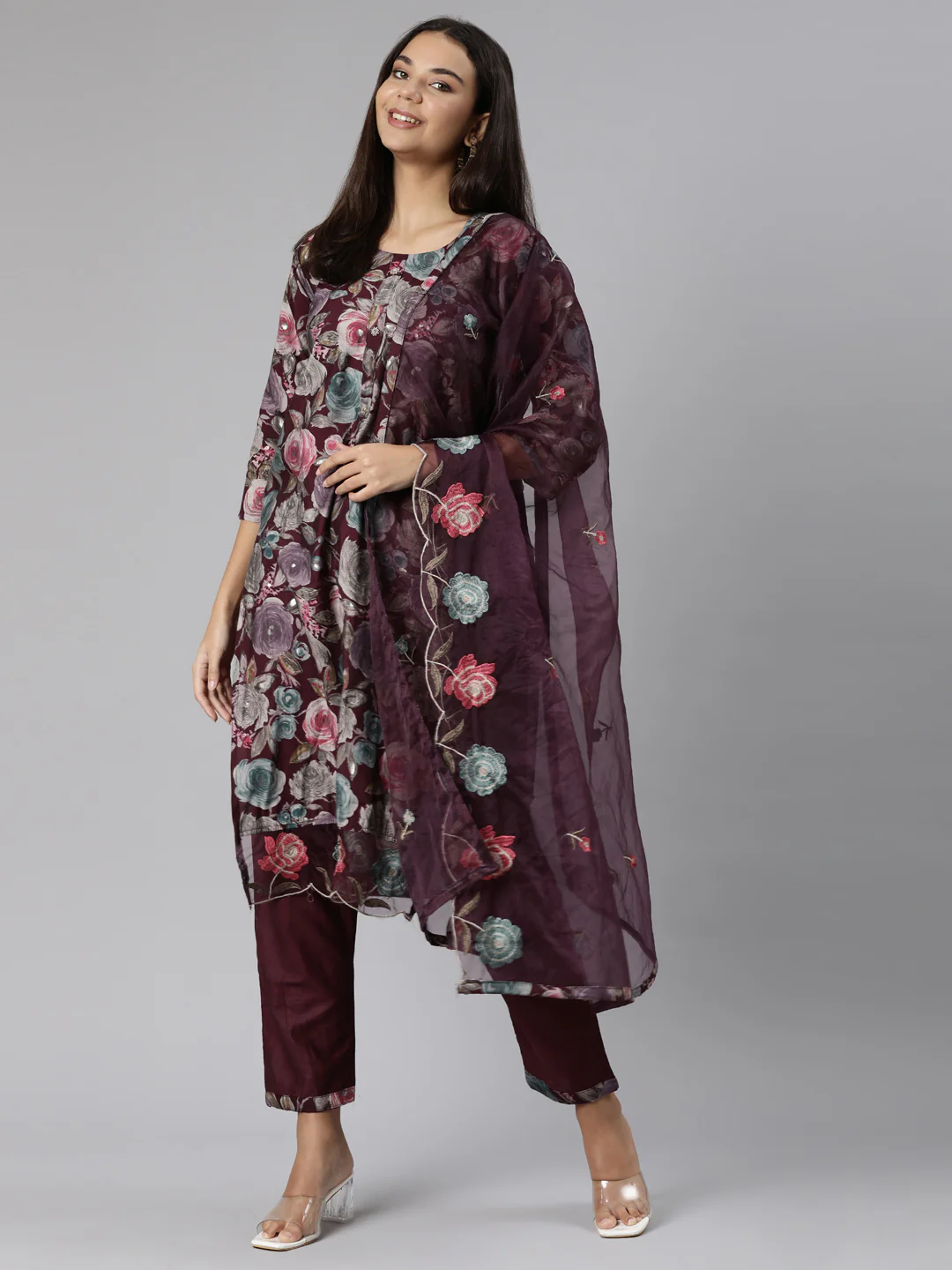 Neerus Purple Regular Straight Floral Kurta And Trousers With Dupatta - Image 5