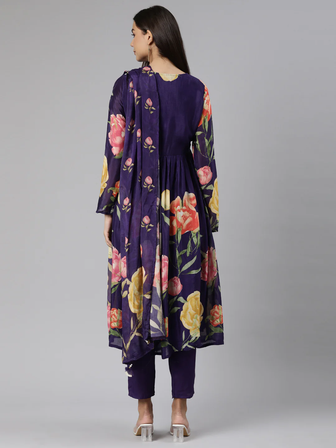 Neerus Purple Regular Straight Floral Kurta And Trousers With Dupatta - Image 3