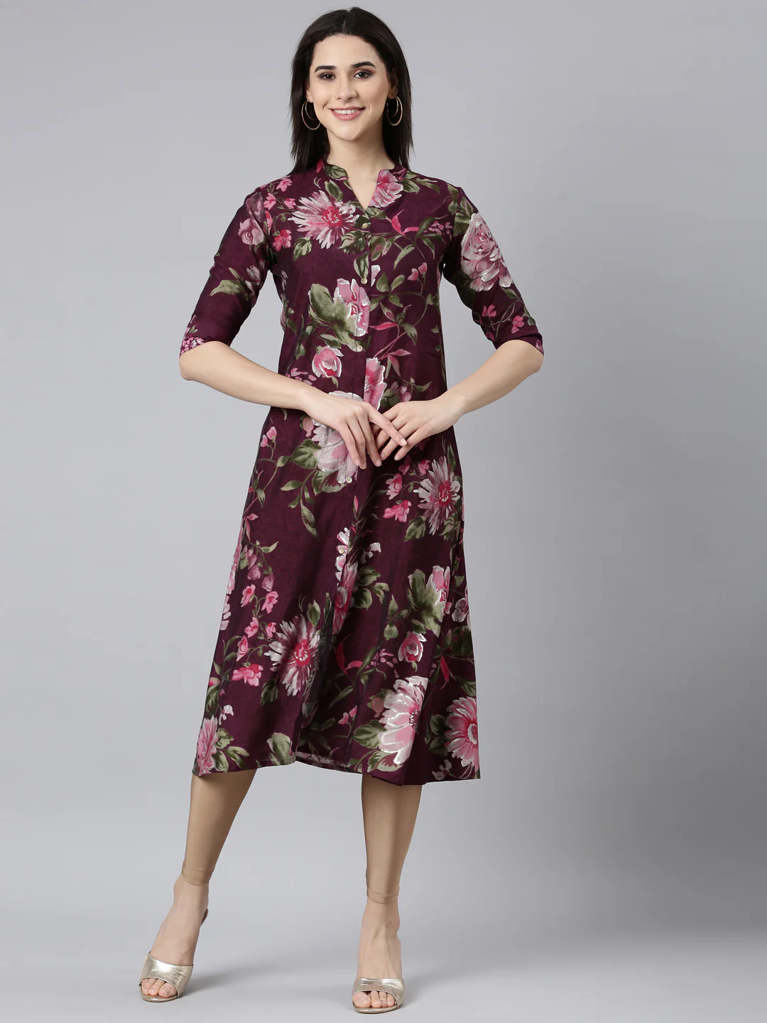 Neerus Purple Regular Straight Floral Kurta