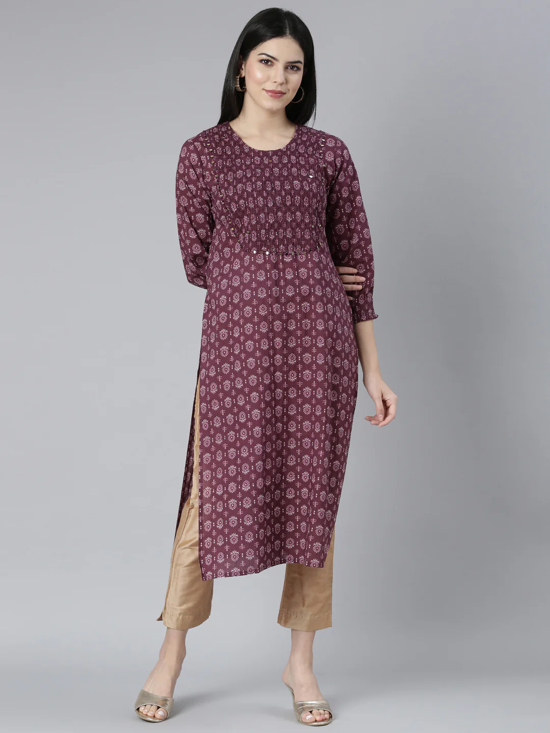 Neerus Purple Regular Straight Floral Kurta