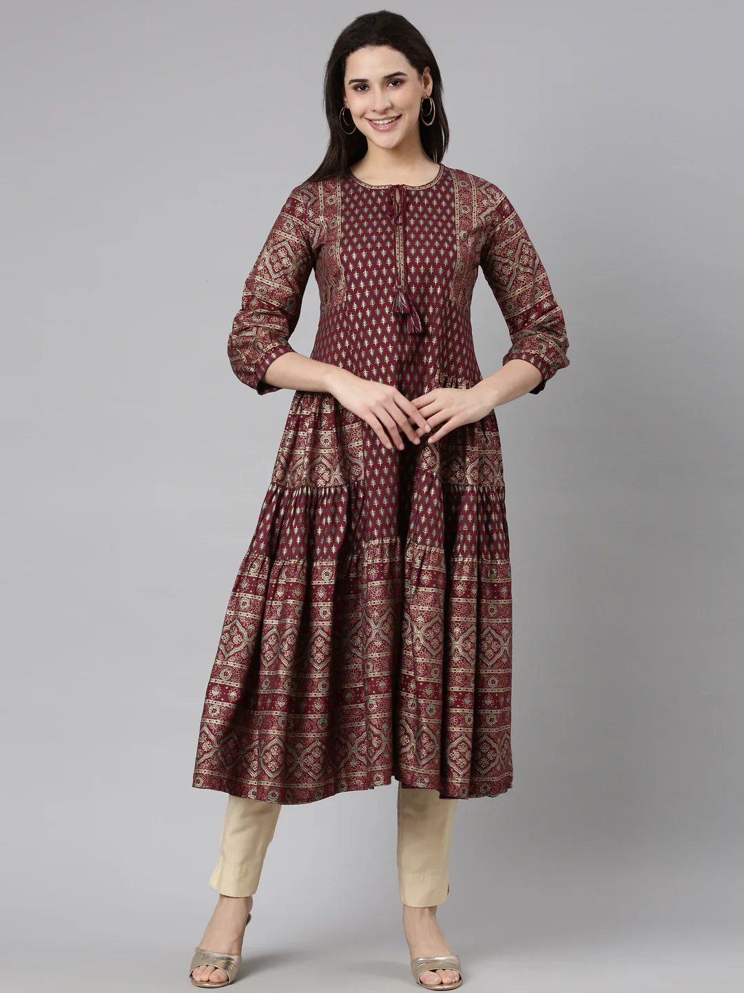 Neerus Purple Regular Straight Floral Kurta