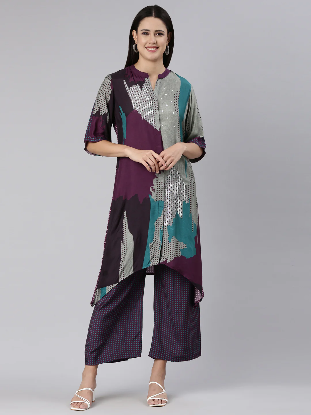 Neerus Purple Regular Straight Printed Kurta And Palazzos