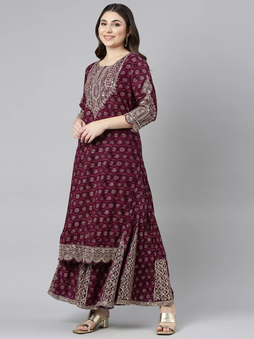 Neerus Purple Regular Straight Printed Kurta And Sharara With Dupatta - Image 2