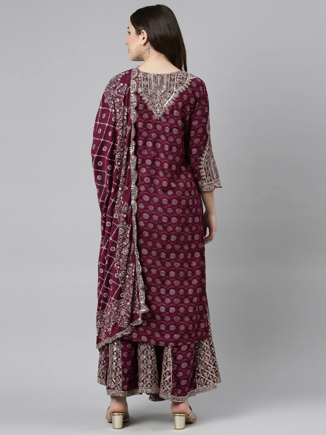 Neerus Purple Regular Straight Printed Kurta And Sharara With Dupatta - Image 3