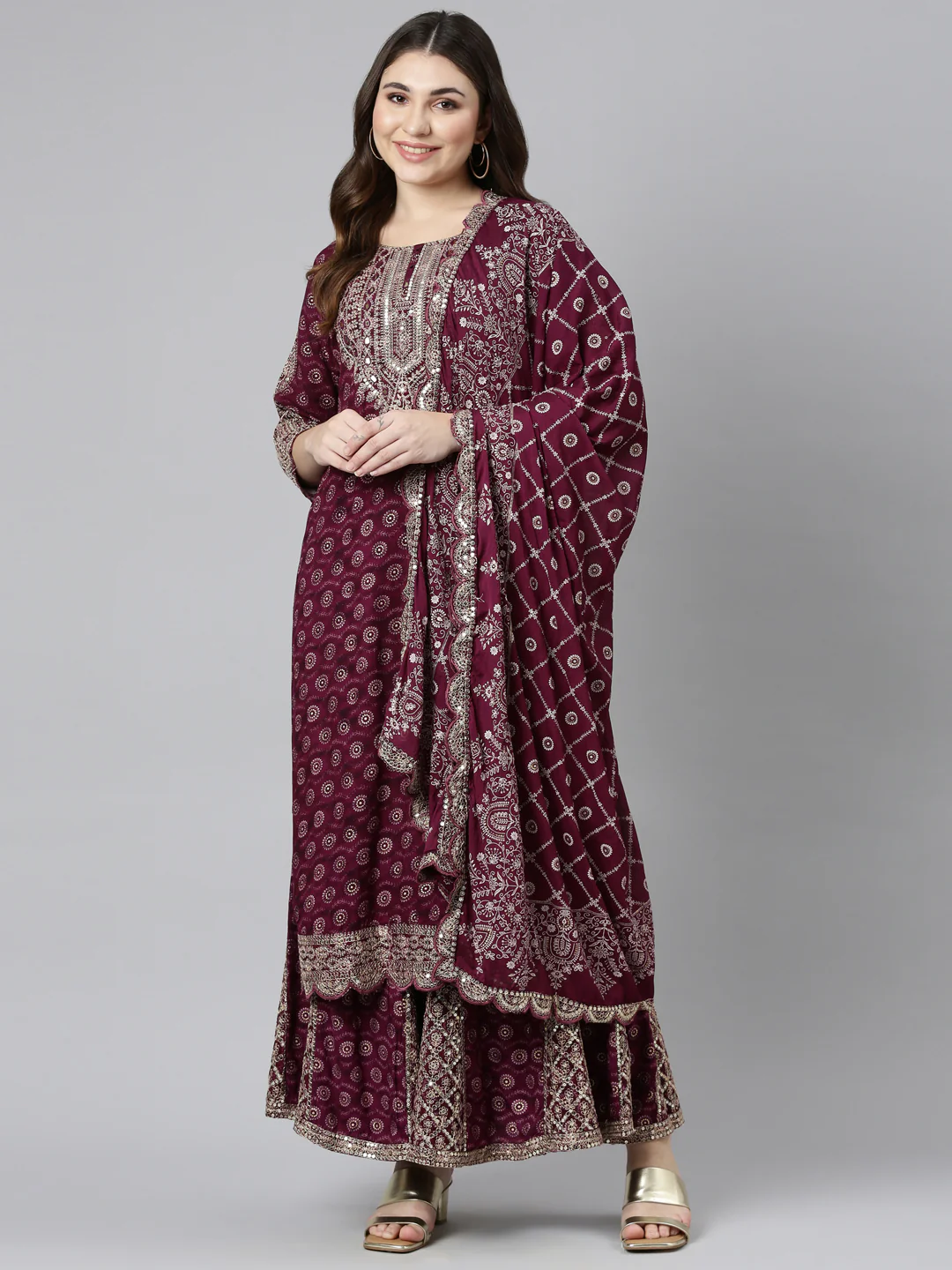 Neerus Purple Regular Straight Printed Kurta And Sharara With Dupatta - Image 5