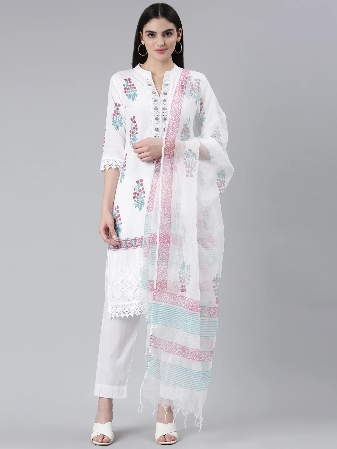 Neerus Purple Regular Straight Printed Kurta And Trousers With Dupatta