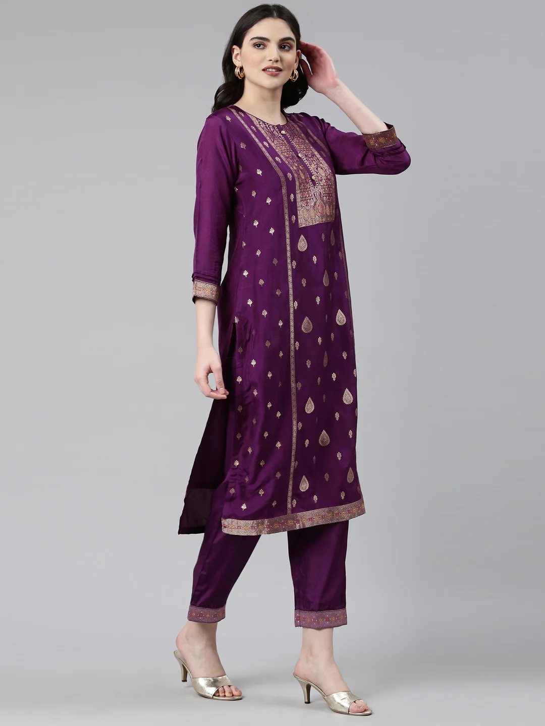 Neerus Purple Regular Straight Printed Kurta And Trousers With Dupatta - Image 2