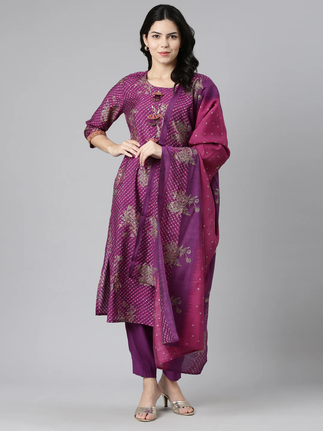 Neerus Purple Regular Straight Printed Kurta And Trousers With Dupatta - Image 5