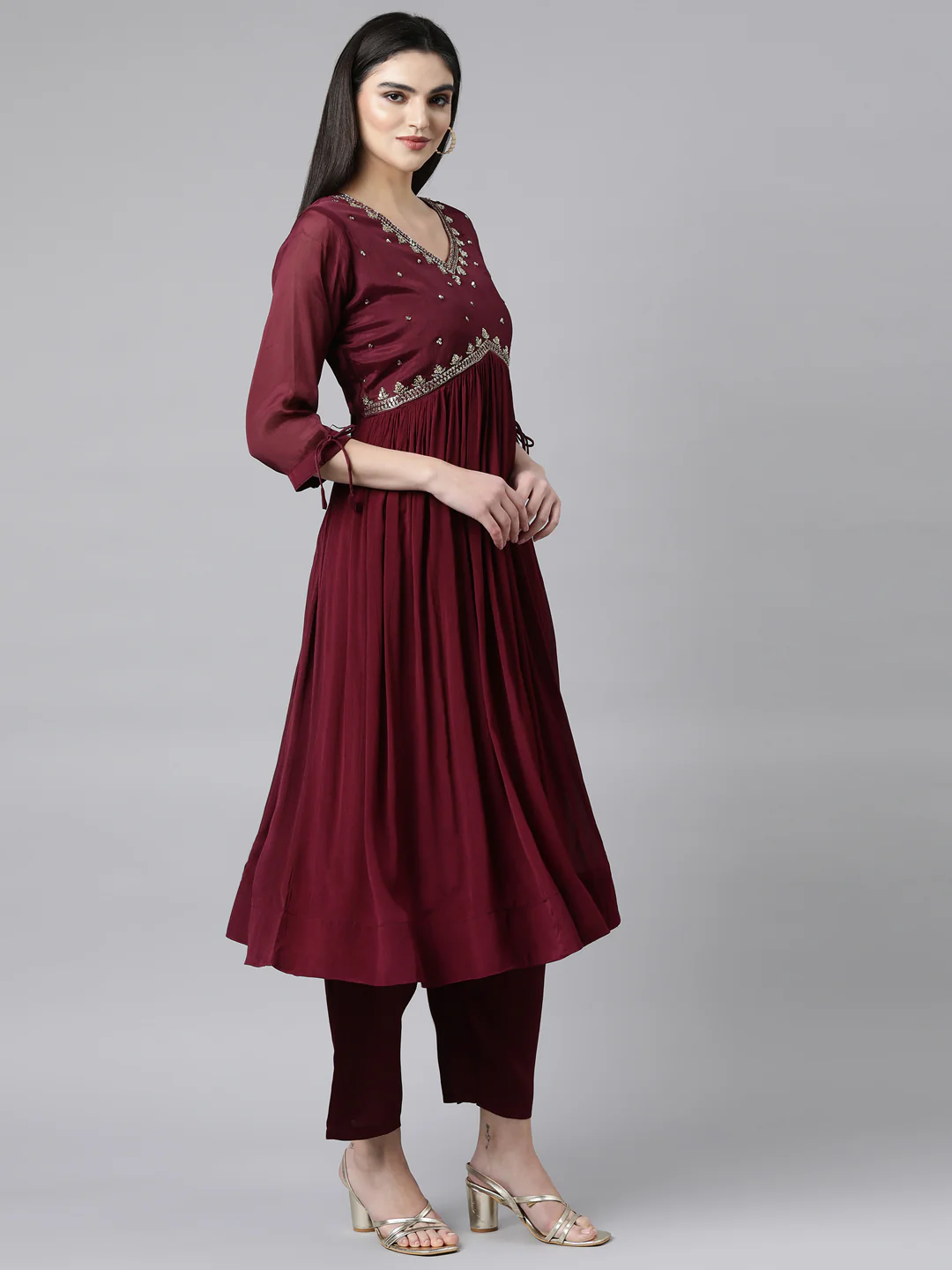 Neerus Purple Regular Straight Solid Kurta And Trousers With Dupatta - Image 2