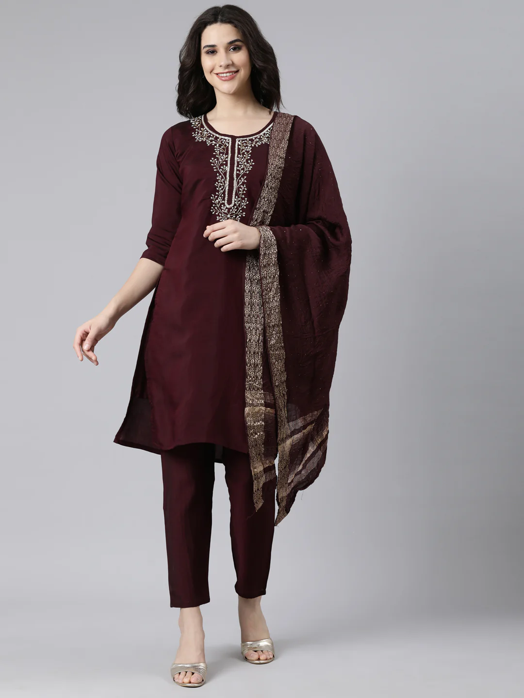 Neerus Purple Regular Straight Solid Kurta And Trousers With Dupatta