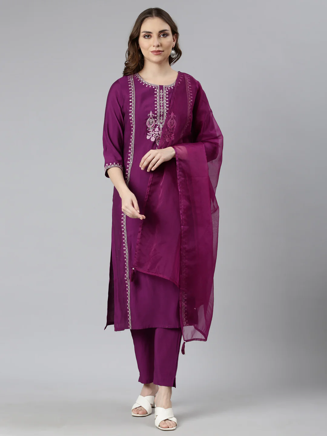 Neerus Purple Regular Straight Solid Kurta And Trousers With Dupatta